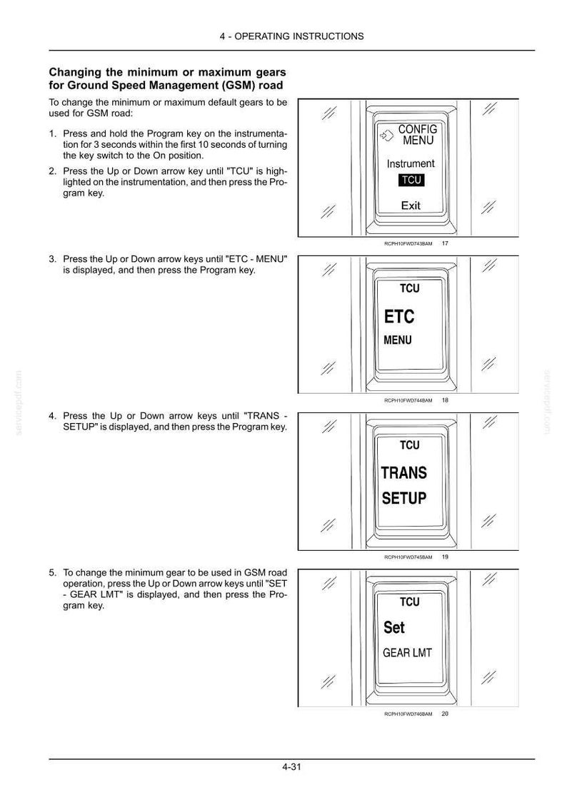 May include: A technical manual page titled 4-OPERATING INSTRUCTIONS detailing the process for Changing the minimum or maximum gears for Ground Speed Management (GSM) road. It includes five numbered steps and four diagrams of a digital display.