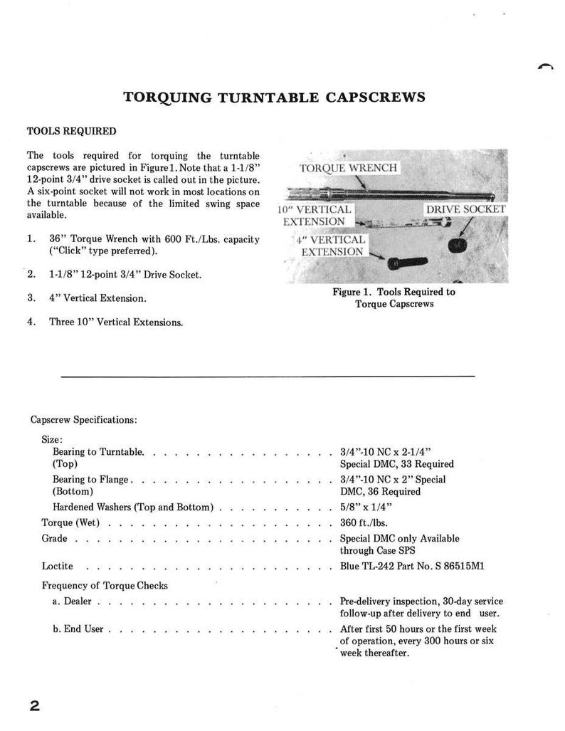 May include: Image of a page detailing tools required for torquing turntable capscrews. Includes a torque wrench, drive socket, and vertical extensions. Specifications for capscrews are also listed, including size, torque, and Loctite.