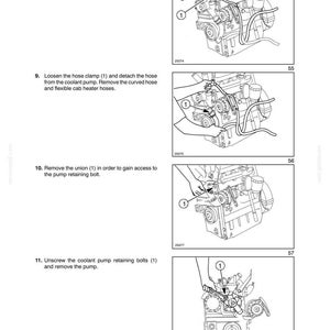 May include: A technical manual page titled SECTION 10 - ENGINE - CHAPTER 1, page 35, featuring four black and white line drawings of engine maintenance steps. Each diagram shows numbered components and tools for unscrewing unions, loosening hose clamps, and removing bolts.