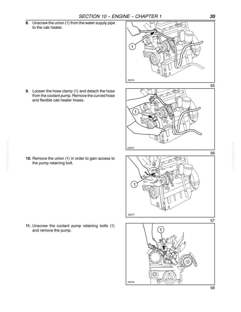 May include: A technical manual page titled SECTION 10 - ENGINE - CHAPTER 1, page 35, featuring four black and white line drawings of engine maintenance steps. Each diagram shows numbered components and tools for unscrewing unions, loosening hose clamps, and removing bolts.