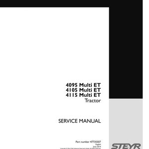 Op de afbeelding: Een witte onderhoudshandleiding voor Steyr 4095 Multi ET, 4105 Multi ET en 4115 Multi ET tractoren. De omslag bevat zwarte tekst, een grijs zijpaneel met het Steyr-logo, onderdeelnummer 47735507 en de datum juni 2014.