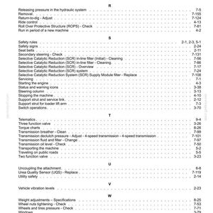 Puede incluir: Una tabla de contenidos detallada de un manual, con varios temas mec&aacute;nicos y operativos. El texto est&aacute; organizado con t&iacute;tulos y n&uacute;meros de p&aacute;gina, cubriendo temas como seguridad, mantenimiento y componentes del sistema.