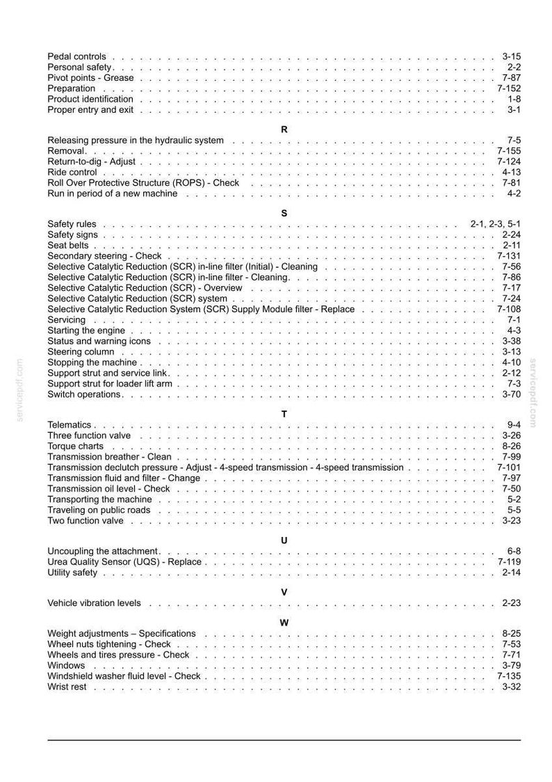 Puede incluir: Una tabla de contenidos detallada de un manual, con varios temas mec&aacute;nicos y operativos. El texto est&aacute; organizado con t&iacute;tulos y n&uacute;meros de p&aacute;gina, cubriendo temas como seguridad, mantenimiento y componentes del sistema.