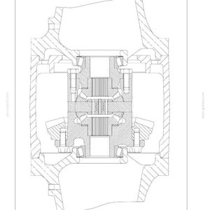 Op de afbeelding: Technische tekening van een vooras, met een voorste kegelwielstel en differentieel. De tekening is getiteld "Asrondsel - Afstellen" en toont doorsneden van mechanische componenten.
