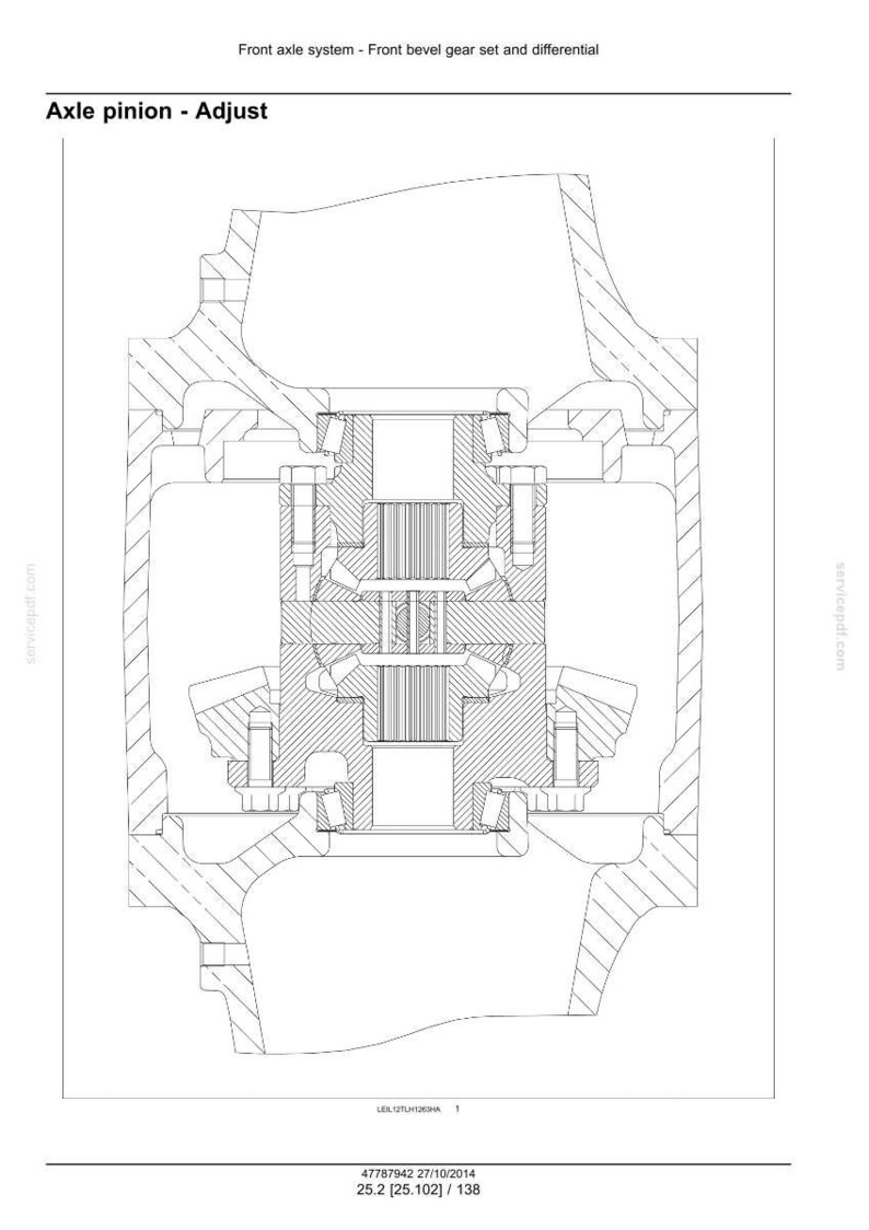 Op de afbeelding: Technische tekening van een vooras, met een voorste kegelwielstel en differentieel. De tekening is getiteld "Asrondsel - Afstellen" en toont doorsneden van mechanische componenten.