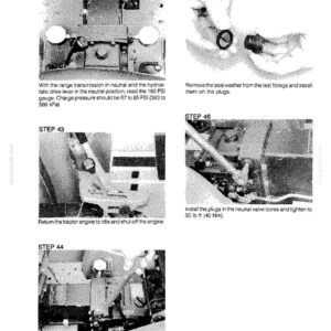 May include: A page from a manual with several steps for tractor maintenance. The steps include instructions for reading gauges, removing and installing parts, and tightening plugs. The text includes measurements in PSI and lb ft.