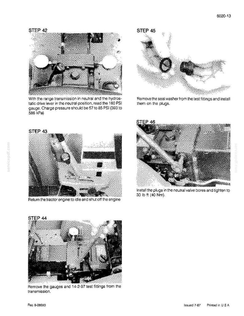 May include: A page from a manual with several steps for tractor maintenance. The steps include instructions for reading gauges, removing and installing parts, and tightening plugs. The text includes measurements in PSI and lb ft.