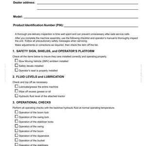 May include: A white pre-delivery report form for machinery, titled Owner's copy, featuring sections for dealer information, model, and PIN. It includes checklists for safety signs, fluid levels, lubrication, and operational checks for a backhoe.
