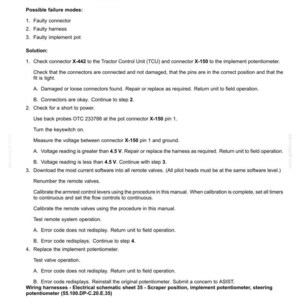 May include: A technical document with the title "4353 - EHR FB 1 Shorted to High Source." The document details troubleshooting steps for electrical systems, including checking connectors, voltage readings, and software updates. It includes diagrams and instructions.