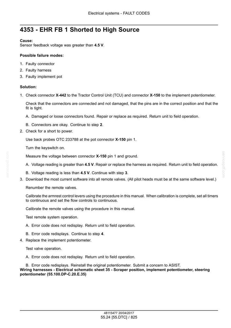 May include: A technical document with the title "4353 - EHR FB 1 Shorted to High Source." The document details troubleshooting steps for electrical systems, including checking connectors, voltage readings, and software updates. It includes diagrams and instructions.