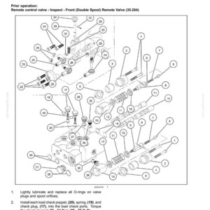 May include: A technical diagram titled Remote control valve - Assemble - Front (Double Spool) Remote Valve, showing an exploded view of a hydraulic valve assembly with numbered components, including springs, spools, and O-rings, plus assembly instructions.