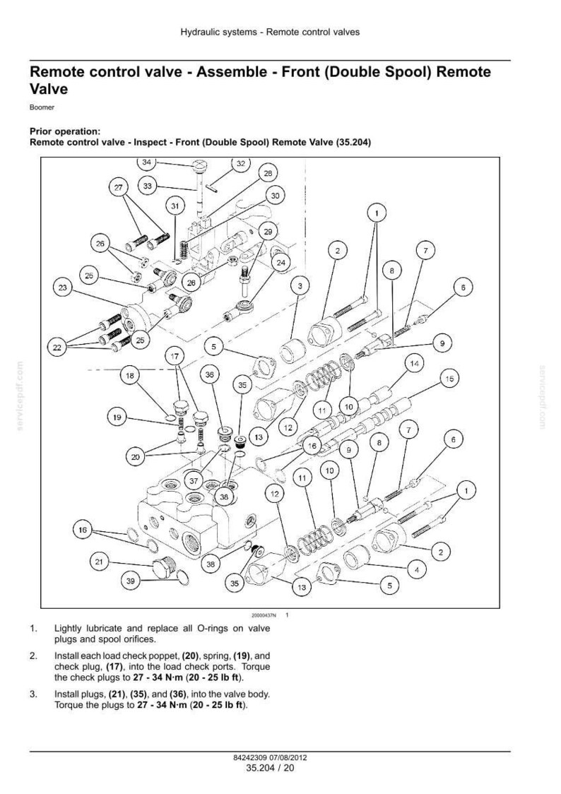 May include: A technical diagram titled Remote control valve - Assemble - Front (Double Spool) Remote Valve, showing an exploded view of a hydraulic valve assembly with numbered components, including springs, spools, and O-rings, plus assembly instructions.