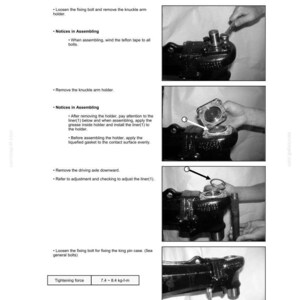 May include: Black and white technical diagram with step-by-step instructions for assembling a mechanical component. The image includes text instructions, diagrams, and close-up photos of the assembly process. The tightening force is 7.4-8.4 kg-f-m.