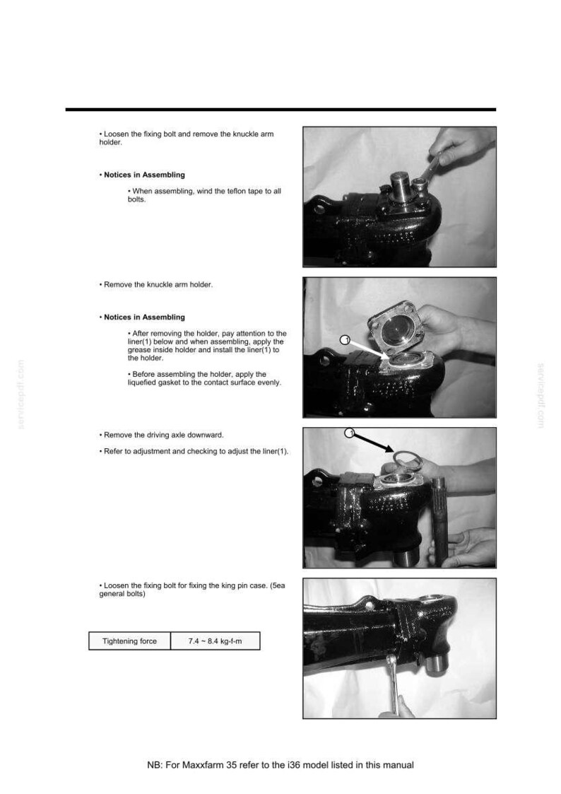 May include: Black and white technical diagram with step-by-step instructions for assembling a mechanical component. The image includes text instructions, diagrams, and close-up photos of the assembly process. The tightening force is 7.4-8.4 kg-f-m.