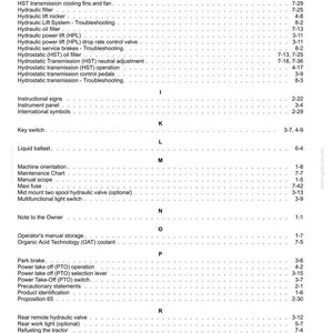 May include: A black and white index page from a technical manual, featuring alphabetical headings from H to S. The text lists various tractor components and maintenance topics, such as hydraulic systems, hydrostatic transmission, and safety rules.