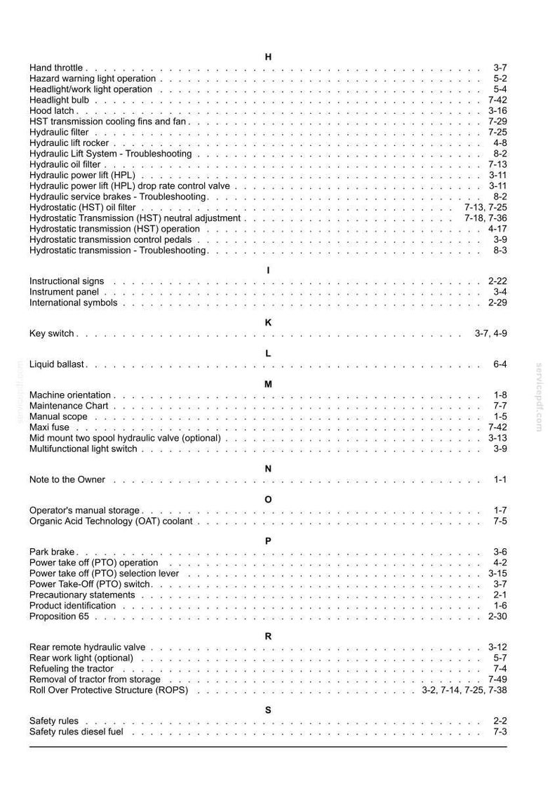 May include: A black and white index page from a technical manual, featuring alphabetical headings from H to S. The text lists various tractor components and maintenance topics, such as hydraulic systems, hydrostatic transmission, and safety rules.