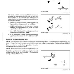 May include: Diagram of an electrical system with text and symbols. Displays include 'A', 'b', '-20', '24', 'F2', and 'r1'. Instructions detail clutch and synchronizer tests, with pressure measured in bar.