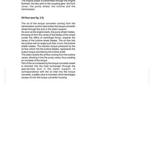 May include: A page from a manual detailing the power train and oil flow within a transmission system. Text includes technical terms like "torque converter," "turbine," and "stator support." The page is labeled "LW270 TRANSMISSION 2-9."