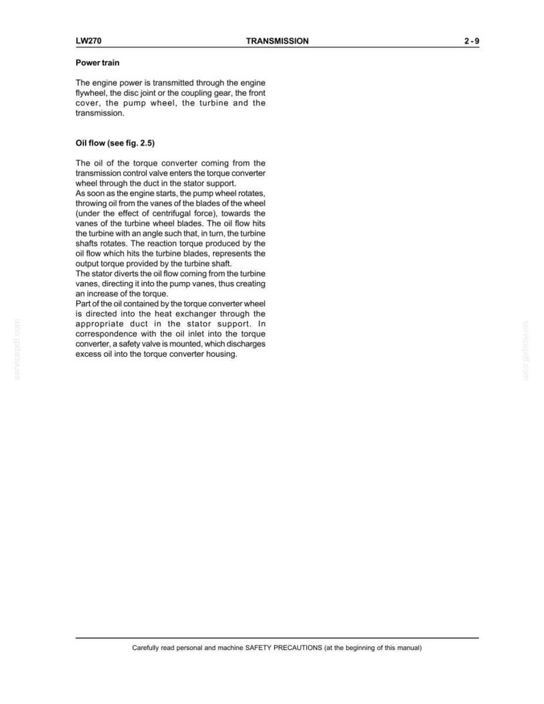 May include: A page from a manual detailing the power train and oil flow within a transmission system. Text includes technical terms like "torque converter," "turbine," and "stator support." The page is labeled "LW270 TRANSMISSION 2-9."