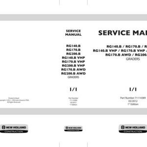 May include: A service manual with the title "SERVICE MANUAL" in bold black text. The manual lists model numbers such as RG140.B, RG170.B, and RG200.B. The New Holland Construction logo is at the bottom.