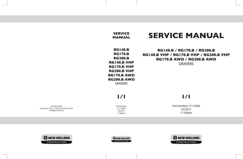 May include: A service manual with the title "SERVICE MANUAL" in bold black text. The manual lists model numbers such as RG140.B, RG170.B, and RG200.B. The New Holland Construction logo is at the bottom.