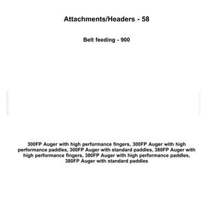 May include: A white document with the New Holland Agriculture logo at the top. Text includes "Attachments/Headers - 58" and "Belt feeding - 900". Lists auger models with high-performance features.