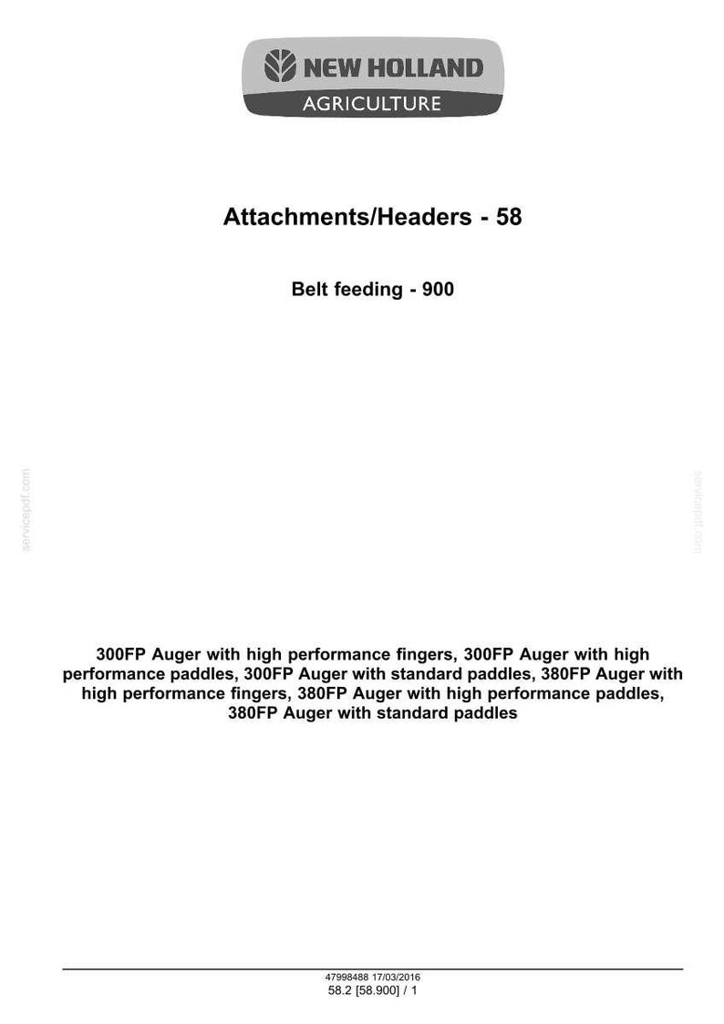 May include: A white document with the New Holland Agriculture logo at the top. Text includes "Attachments/Headers - 58" and "Belt feeding - 900". Lists auger models with high-performance features.