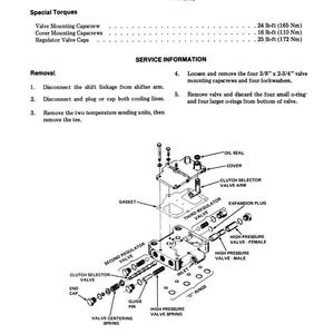May include: An exploded view diagram of a control valve, labeled as Figure 1. The diagram includes labels for various components such as the third regulator valve, clutch selector valve, and high-pressure valve. Specifications include torque values in lb-ft and Nm.