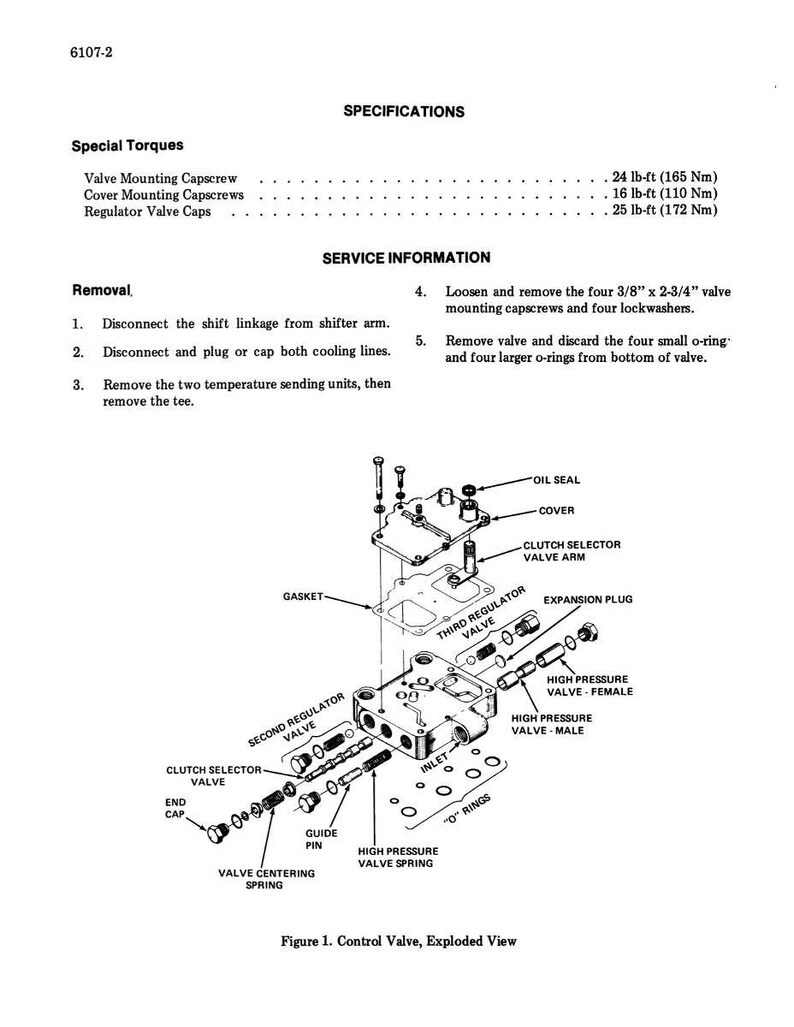 May include: An exploded view diagram of a control valve, labeled as Figure 1. The diagram includes labels for various components such as the third regulator valve, clutch selector valve, and high-pressure valve. Specifications include torque values in lb-ft and Nm.