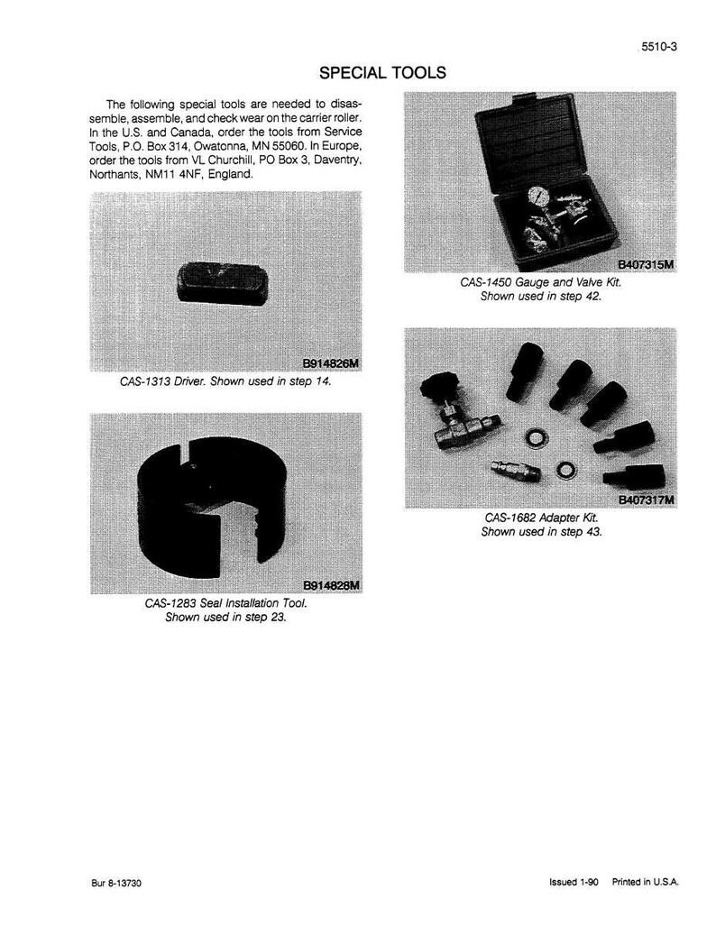 May include: A page from a manual titled "SPECIAL TOOLS" showing four different tools. The tools include a driver, a gauge and valve kit, a seal installation tool, and an adapter kit. The tools are shown on a light gray background.