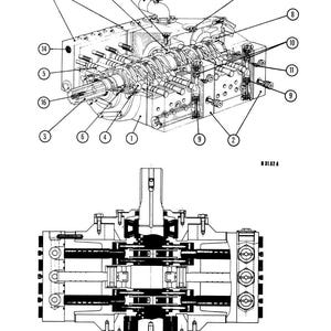 May include: Detailed technical drawing of a mechanical component, featuring a complex arrangement of gears, shafts, and bolts. The diagram is labeled with numbers and shows a cross-section view. The image is in black and white.