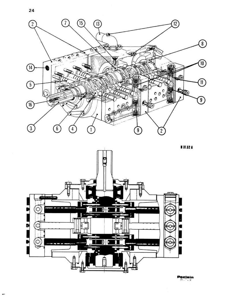May include: Detailed technical drawing of a mechanical component, featuring a complex arrangement of gears, shafts, and bolts. The diagram is labeled with numbers and shows a cross-section view. The image is in black and white.