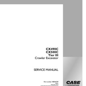 Op de afbeelding: Een witte servicehandleiding voor een CX490C en CX500C Tier III rupsgraafmachine. De cover bevat de tekst "SERVICE MANUAL" en het Case Construction logo. Onderdeelnummer 48044249.