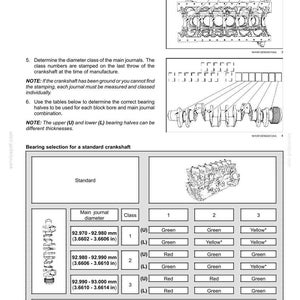 May include: Diagram of an engine crankshaft and flywheel with tables for bearing selection. Includes measurements in inches and color-coded bearing selections for different journal diameters.