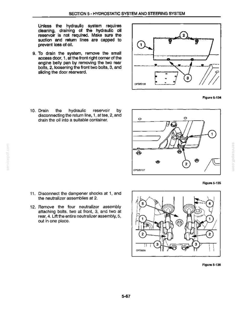 May include: A technical manual page titled Section 5 - Hydrostatic System and Steering System. It contains three diagrams labeled Figure 5-134, 5-135, and 5-136, showing mechanical components with numbered callouts and instructional text for maintenance.