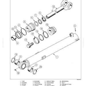 May include: An exploded diagram of a bucket cylinder for XT models, featuring various components like bushings, seals, and a piston rod. The diagram includes labels for each part, such as the tube, screw, and wiper. The text "FIGURE 3. BUCKET CYLINDER FOR XT MODELS" is visible.