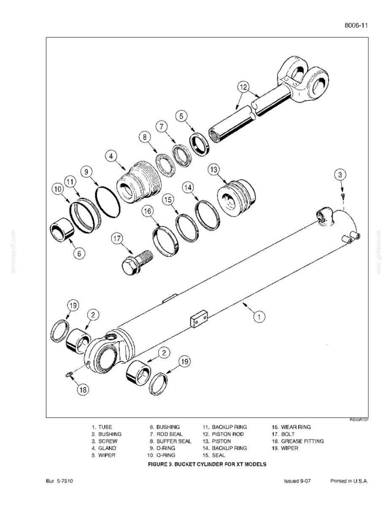 May include: An exploded diagram of a bucket cylinder for XT models, featuring various components like bushings, seals, and a piston rod. The diagram includes labels for each part, such as the tube, screw, and wiper. The text "FIGURE 3. BUCKET CYLINDER FOR XT MODELS" is visible.