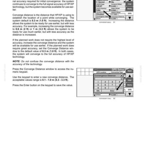 May include: A technical manual page titled 3-SETUP, explaining the Converge distance setting for OmniSTAR HP/XP technology. It includes two black and white diagrams of a GPS Setup screen with a numeric keypad and text describing the 0.1-1.0 m range.