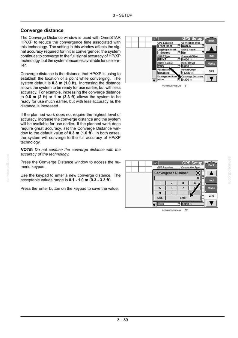 May include: A technical manual page titled 3-SETUP, explaining the Converge distance setting for OmniSTAR HP/XP technology. It includes two black and white diagrams of a GPS Setup screen with a numeric keypad and text describing the 0.1-1.0 m range.