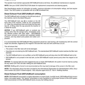 Puede incluir: Diagrama de un componente de m&aacute;quina con etiquetas para el rellenado de DEF/AdBlue. Incluye una puerta del compartimento, una tapa del dep&oacute;sito y una boquilla de llenado di&eacute;sel. Instrucciones para el mantenimiento del sistema de tratamiento de gases de escape SCR.