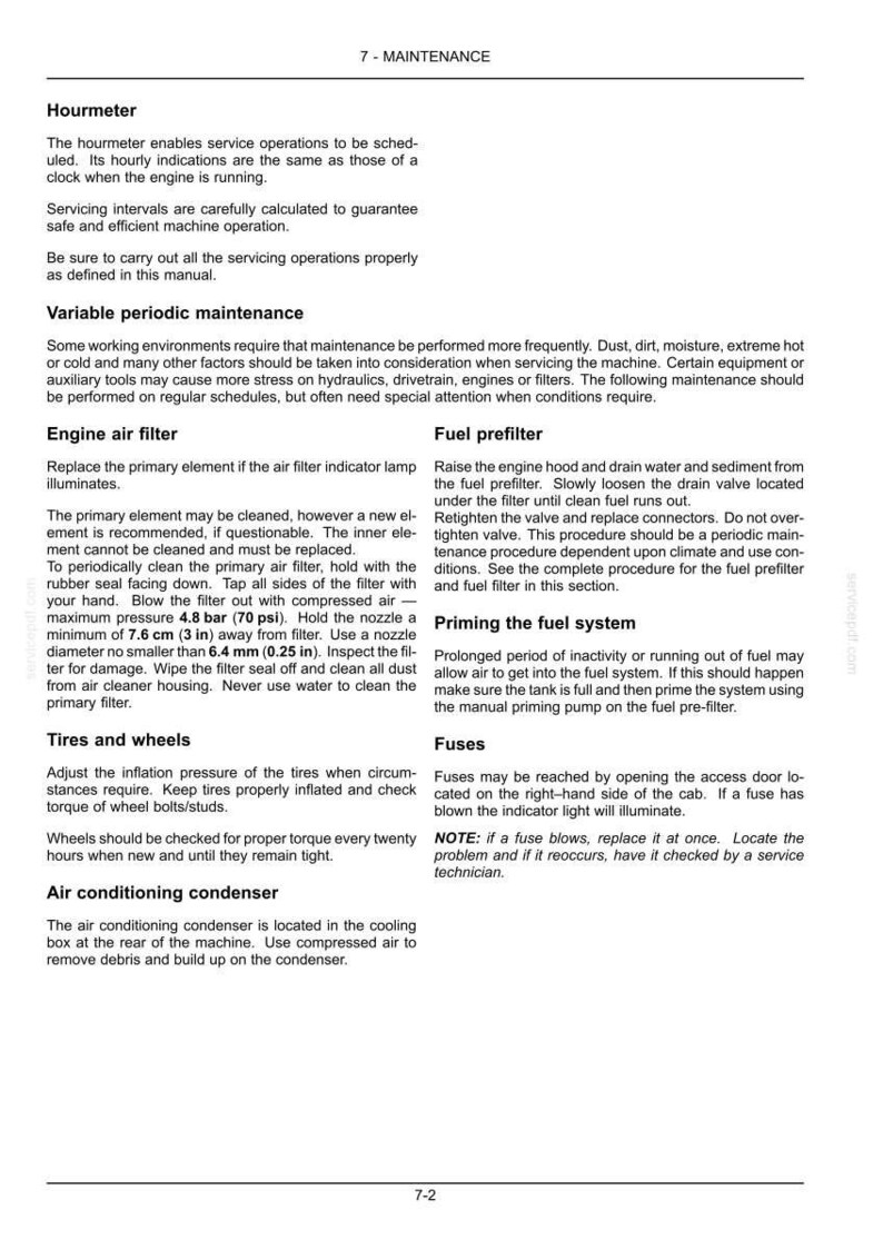 K&ouml;nnte beinhalten: Seite aus einem Wartungshandbuch mit Anweisungen zur Wartung eines Motors. Themen sind Luftfilter, Kraftstoffvorfilter, Reifen, R&auml;der und Sicherungen. Enth&auml;lt Reinigungs-, Inspektions- und Austauschrichtlinien.