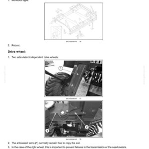 May include: Diagrams of agricultural machinery components, including a frame, drive wheel, and articulated arms. The image includes labels and annotations for machine leveling and soil copying.