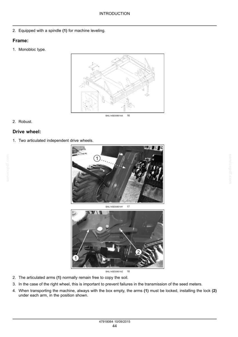 May include: Diagrams of agricultural machinery components, including a frame, drive wheel, and articulated arms. The image includes labels and annotations for machine leveling and soil copying.