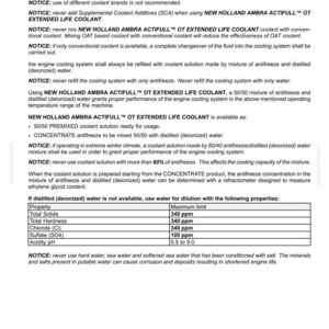 May include: A technical document page titled 6-MAINTENANCE regarding engine coolant. It specifies the use of New Holland Ambra Actifull OT Extended Life Coolant, detailing mixing ratios, water quality requirements, and a table of maximum limits for water properties.