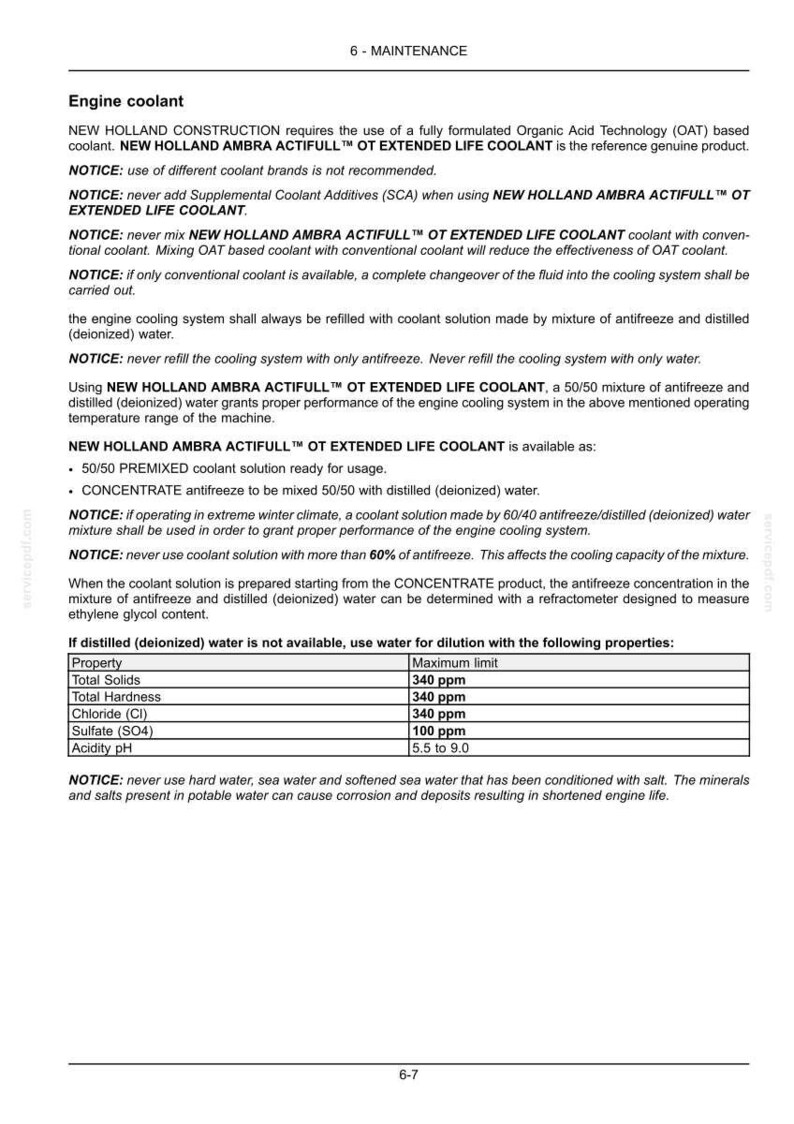 May include: A technical document page titled 6-MAINTENANCE regarding engine coolant. It specifies the use of New Holland Ambra Actifull OT Extended Life Coolant, detailing mixing ratios, water quality requirements, and a table of maximum limits for water properties.
