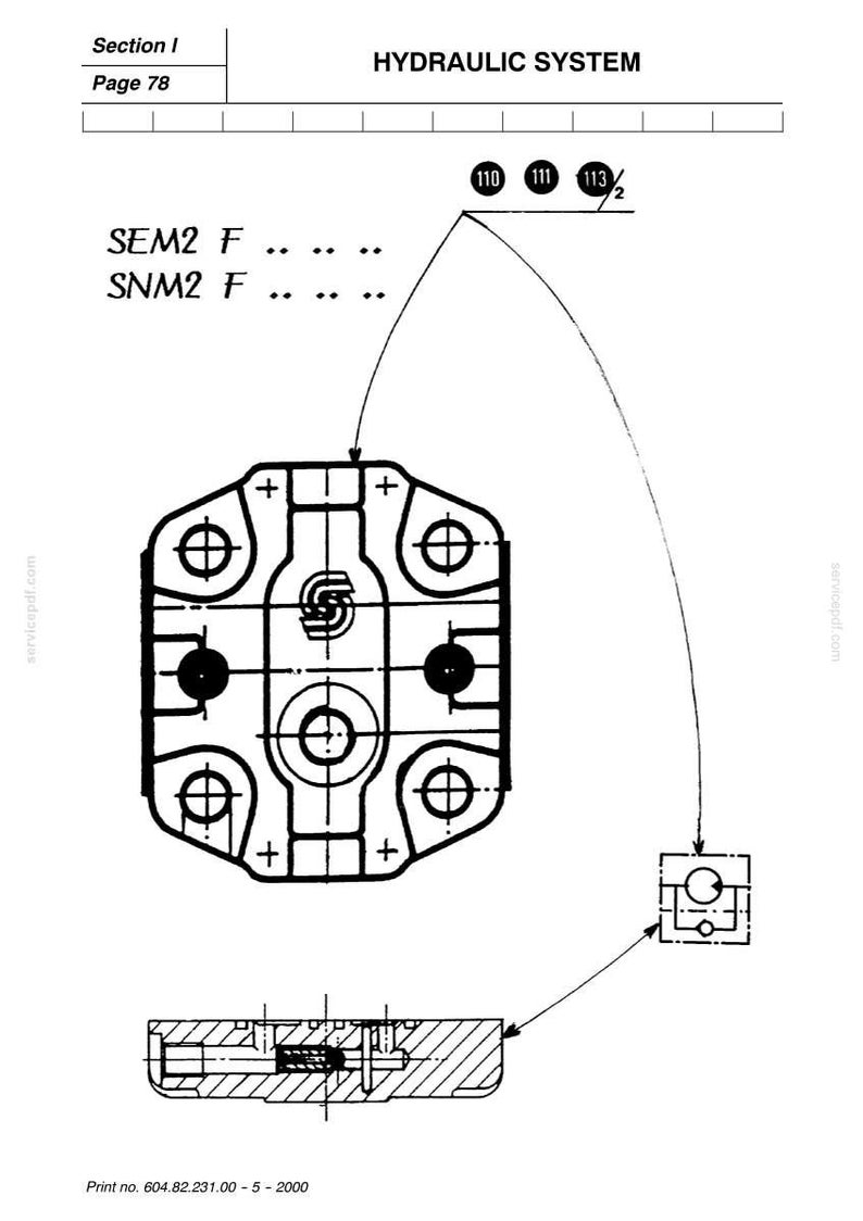 May include: Technical diagram of a hydraulic system component. The diagram includes a detailed top view and a cross-sectional view, with labels and annotations. The text "HYDRAULIC SYSTEM" and "SEM2 F" are visible.