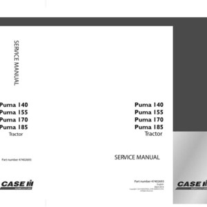 May include: A service manual for Puma 140, 155, 170, and 185 tractors. The cover is white with black and gray text and a dark gray vertical bar. The Case IH Agriculture logo is at the bottom.
