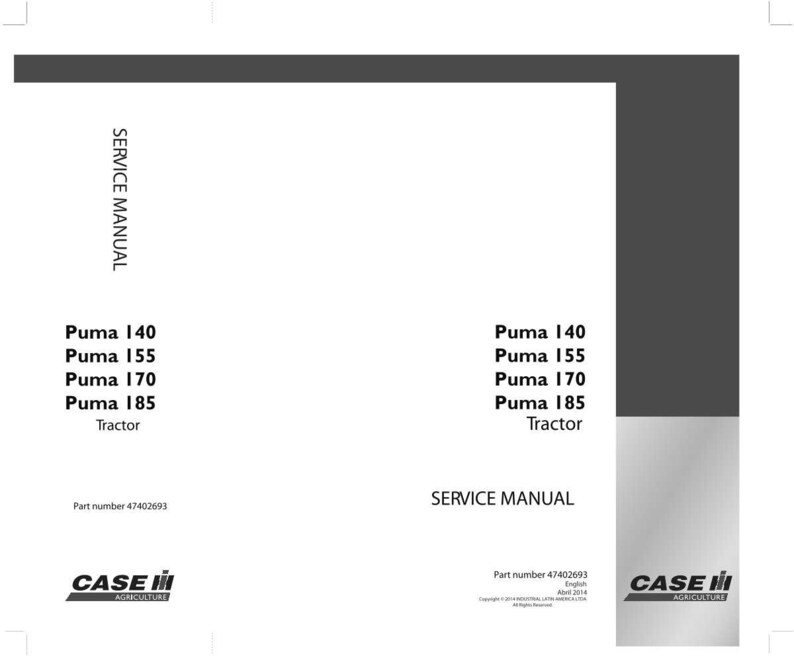 May include: A service manual for Puma 140, 155, 170, and 185 tractors. The cover is white with black and gray text and a dark gray vertical bar. The Case IH Agriculture logo is at the bottom.