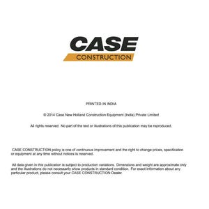 Puede incluir: Documento blanco con el texto negro "CASE CONSTRUCTION" sobre una pancarta amarilla. El documento incluye el texto "Impreso en India" e informaci&oacute;n de copyright para Case New Holland.