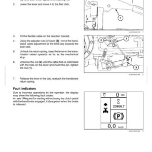 May include: Diagram of parking brake adjustment instructions. Includes illustrations of the lever, nuts, and cable. Also shows fault indicators with a digital display showing 0 rpm, 23456.7, and 0.0 km/h.